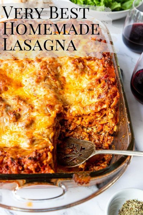 The BEST Homemade Lasagna recipe you will make that your family will request again and again. Delicious layers of lasagna noodles, rich Italian sausage tomato sauce, herby ricotta and melty cheese bake up perfectly together. It is a great family dinner for any occasion. Bonus, it can be made ahead and even frozen for easy dinner prep! Lasagna Recipe With Ready Bake Noodles, Polish Lasagna, Lasange Recipe Homemade Lasagna, Best Damn Lasagna, Taste Of Home Lasagna Recipe, Lazy Lasagne, Best Lasagna Recipe Ever, Easy Dinner Prep, Entertaining Food Dinner