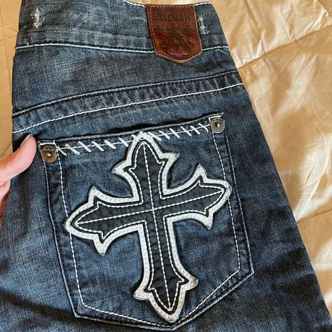 Unique Vintage Stylish Jeans With Embroidered Cross Patches On Both Back Pockets, Amazing White Stitching For Finishing Touch These Jeans Are A Look Size: 32” Pretty Much Brand New Jeans No Flaws, Unworn, Cant Buy This Style Anymore, Retailed At $175-Send Offers :) Can Fit Anywhere From 29-32” Depending On Look #Vintage #Grunge #Jeans #Y2k #Unique Patch Work Jeans, 90s Core, Y2k Cross, Jean Designs, Thrift Ideas, Grunge Jeans, Grunge Accessories, Embroidered Cross, Y2k Jeans