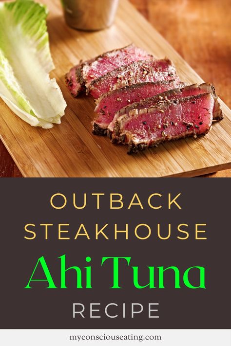 Ahi tuna on a wooden board Outback Seared Ahi Tuna Recipe, Outback Ahi Tuna Recipe, Mediterranean Ahi Tuna Recipe, Crusted Tuna Steak Recipes, Pan Seared Tuna Steak Recipes Easy, Ahi Tuna Steak Dinner, Mahi Tuna Steak Recipe, Outback Ahi Tuna Dipping Sauce, Blackened Ahi Tuna Recipe