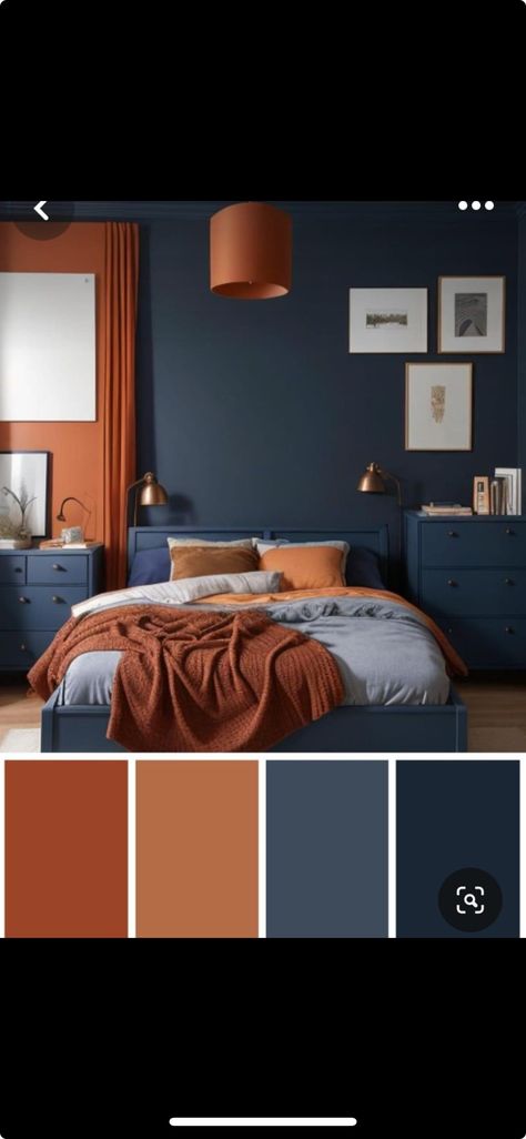 Navy Bedroom Ideas Color Palettes, Teal Green Bedroom Decor, Terra Cotta Navy Bedroom, Navy And Rust Bedroom Ideas, Terracotta Navy Bedroom, Dark Blue And Orange Bedroom, Sleepy Color Palette, Navy Blue And Rust Bedroom, Navy Terracotta Bedroom