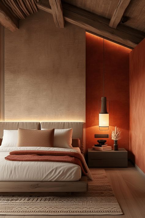 Warm Bedroom Lighting Ideas, Earthy Bedrooms, Earthy Modern Bedroom, Terracotta Accents, Terracotta Bedroom, Earth Tone Bedroom, Hug A Tree, Bedroom Concept, Nature Inspired Bedroom