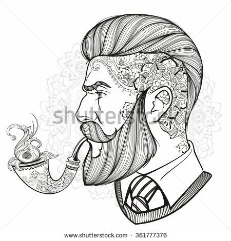 Hand drawn portrait of bearded man with pipe side-view - stock vector Beard Drawing, Barber Tattoo, Beard Art, Man Beard, Beard Tattoo, Bearded Man, Hipster Man, Desenho Tattoo, Head Tattoos