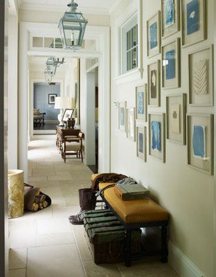 Great picture arrangement in hallway. Coastal Foyer, Small Hallway Decorating, Steven Gambrel, Console Styling, Entrance Foyer, Foyer Design, Transom Windows, Small Hallways, Narrow Hallway