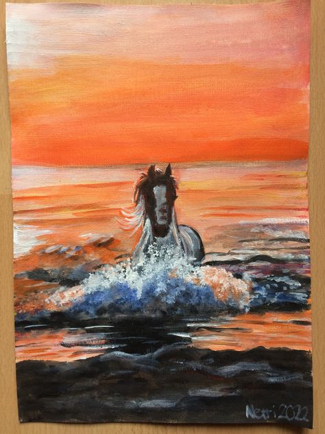 Running horse in the sea acrylic painting Horse Sunset Painting, Horses On A Beach, Horse On Beach Painting, Horses Running Painting, Beach Drawing, Running Horse Canvas Painting, Running Horses, Brown Horse, Speed Paint