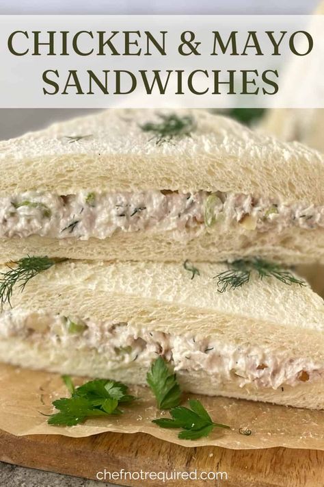 This recipe is for awesome chicken mayonnaise sandwich! Not just any boring chicken sandwich, these are filled with celery and walnuts for crunch plus extra seasoning to make these the best chicken sandwiches ever! Great for parties, picnics or lunch - also great for feeding a crowd. Chicken Sandwich Filling, Party Sandwiches Recipes, Chicken Mayo Sandwich, Chicken Mayonnaise, Mayonnaise Sandwich, Awesome Chicken, Mayo Sandwich, Tea Party Sandwiches, Tea Sandwiches Recipes