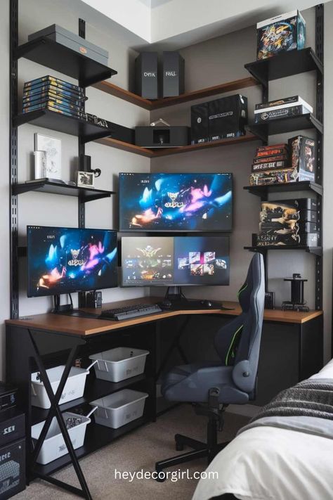 15+ Modern Bedrooms Gaming Room Ideas - Hey Decor Girl [Latest Trending Decor Design Ideas] Small Gamer Bedroom, Gamer Ideas, Gamer Bedroom, Gaming Room Ideas, Games Room, Gaming Room, Gaming Setup, Cool Pics, Modern Bedroom