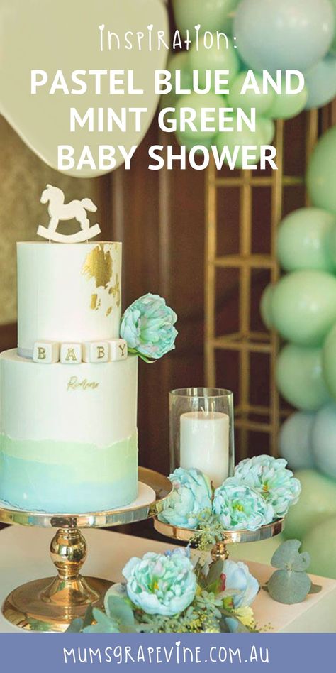 Baby shower inspiration: Pastel blue and mint green gorgeousness! #babyshower #babyshowerideas #babyshowerthemes #duesoon #babyontheway #babyshowerinspiration #hightea # Safari Baby Shower Cake, Office Baby Showers, Mint Baby Shower, Baby Shower Party Planning, Brunch Summer, Pastel Baby Shower, Baby Shower Cakes For Boys, Chic Baby Shower, Green Baby Shower