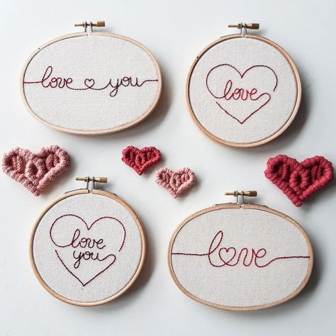 Beatrice on Instagram: “❤ Happy Valentine's ❤ I'm so happy I managed to whip quickly these cute 4 love hoops 🥰🥰🥰 it was my first time using oval hoops and…” Diy Embroidery Art, Embroidery Hoop Art Diy, Embroidery Hearts, Diy Embroidery Kit, Heart Valentines, Handmade Wall Art, Small Canvas Art, Embroidery Hoop Art, Hand Embroidery Patterns