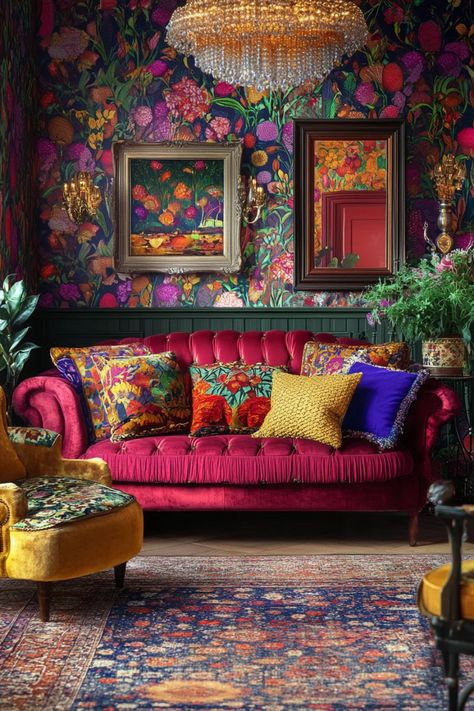 Explore maximalist home decor ideas showcasing bold colors and exciting patterns in a creative and fun living space. Jewel Toned Wallpaper, Different Wallpapers In One Room, Livingrooms Design Ideas 2024 Modern, Maximalist Apartment Decor, Electric Maximalist, Bold Color Interior Design, Jewel Tone Home Decor, Eccentric Interior, Vibrant Maximalist