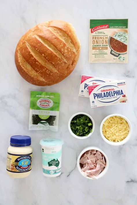 A warm cob loaf hollowed out and filled with french onion dip. French Onion Cob Loaf, Cob Loaf Dip Recipes French Onion, Cob Loaf Dip Recipes, Loaf Ideas, Cobb Loaf Dip, Cobb Loaf, Cob Loaf Dip, Christmas Eve Appetizers, Cob Loaf