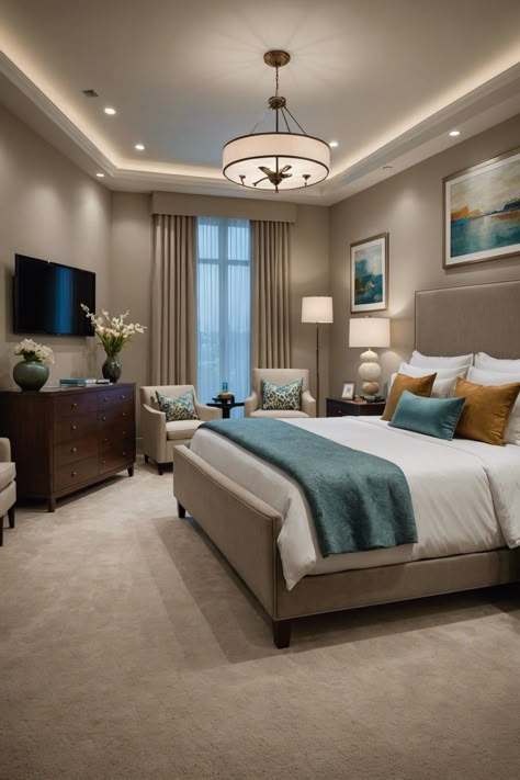 Bedroom Like A Hotel Room, Guest Room Ideas Luxury, Guest Room Design Luxury, Home Hotel Ideas, Master Bedrooms Hotel Style, His And Her Bedroom Decor, Luxury Hotel Style Bedroom, Married Couple Bedroom Design, Hotel Room Inspiration