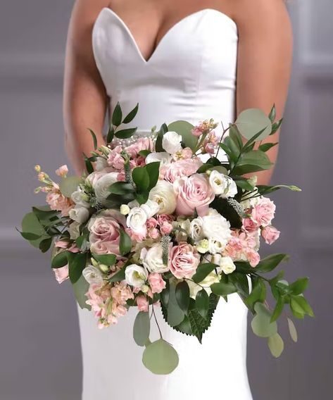 Pink and White Garden Bridal Bouquet Light Pink And White Flower Bouquet, Light Pink And White Bouquet Brides, Light Pink And White Bouquet Prom, Light Pink Flower Bouquet Prom, Light Pink Bouquet, White And Pink Cascading Bridal Bouquet, White Ranunculus, Bridal Bouquet Pink, Pink And White Flowers