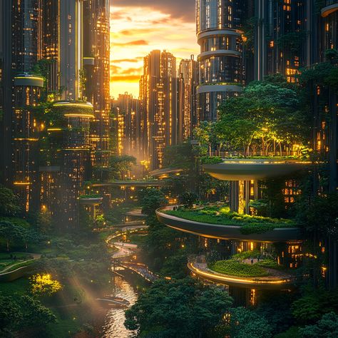 🌆✨ Futuristic City: Nature Meets Technology in Stunning Urban Oasis! Experience a breathtaking integration of skyscrapers, green walls, and smart parks. A perfect blend of sustainability and innovation captured during golden hour. 

#FuturisticCity #NatureMeetsTechnology #midjourney #UrbanOasis Futuristic City Utopia, City Nature, Forest City, Sustainable City, Green Walls, Urban Oasis, Futuristic City, Environmental Design, Green Wall