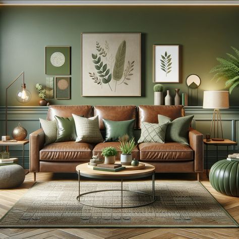 Green Couch Decor, Brown And Green Living Room, Leather Sofa Decor, Brown Leather Couch Living Room, Green Walls Living Room, Green Leather Sofa, Brown Sofa Living Room, Green Living Room Decor, Leather Couches Living Room