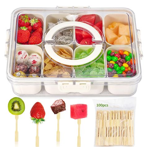 PRICES MAY VARY. 🌷【Personalized Nutritional Selection】 Divided serving tray with lid and handle boasts eight removable compartments and ample capacity, accommodating an array of snacks, fruits, nuts, cooked food, and even 16 oz. juice bottles. Catering to both children and adults, enjoy customized, fresh nutrition, bidding farewell to pre-packaged snacks. Experience healthier, more delicious options on all your outings. 🌷【Efficient Fridge Fruit Containers】 divided serving tray with lid optimiz Travel Charcuterie Board, Fruit Veggie Tray, Travel Charcuterie, Snackle Box, Snack Containers, Veggie Tray, Tackle Box, Snack Box, Charcuterie Board