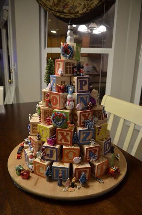 ABC block Christmas tree. Abc Block Christmas Tree, Vintage Toys Christmas Tree, Alphabet Block Christmas Tree, Wooden Block Christmas Tree, Abc Christmas Tree, Alphabet Blocks Crafts, Block Christmas Tree, Abc Block, Sister Nancy