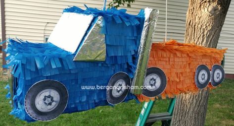 DIY Semi Truck Pinata – Just Be Happy, Mommy Truck Pinata, Pinata Ideas, Pinata Stick, Construction Theme Party, Firefighter Birthday, Ideas Fiesta, Piñata Ideas, Trailer Diy, Monster Truck Party