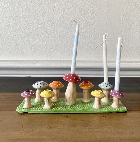 Rainbow Cottagecore, Jewish Aesthetic, Hanukkah Candle Holder, Ceramic Rainbow, Rainbow Mushroom, Future Board, Jewish Crafts, Hanukkah Crafts, Ceramic Mushroom