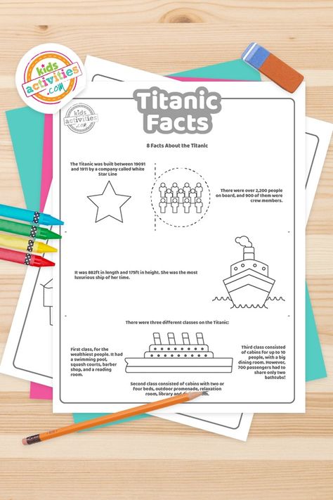 Fun Titanic Facts For Kids To Print And Learn | Kids Activities Blog Titanic Crafts For Kids, Titanic Worksheets, Titanic Art, American History Homeschool, Titanic Facts, Art Projects For Kids, Facts For Kids, Modern History, Kids Activities