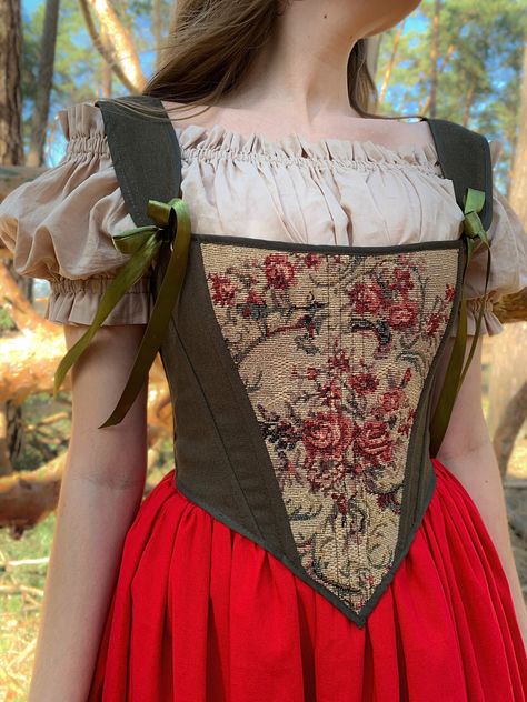 corset top, underbust custom corset, renaissance ren faire dress, 18th century stays, victorian rococo corset, plus size 1830s corset dress  We offer free express delivery for this item. The material for this corset is limited, so place your order now to ensure availability.  Corsets "yourQUANTUM" are designed by an experienced specialist. You can be assured that they will accentuate all the merits of your figure and become a splendid addition to your wardrobe.  This corset model is reversible! The front side features tapestry-like floral patterns, while the reverse side is made of linen or cotton, depending on the model. CORSET MATERIALS: - Tapestry + linen for the green corset and tapestry + polyester + cotton for the champagne-colored corset -Satin ribbons - Solid whalebone stay in ever Ren Faire Corset, Corset Cottagecore, Reversible Corset, Fairy Corset, Tapestry Corset, Custom Corset, 18th Century Stays, Corset Plus Size, Costume College