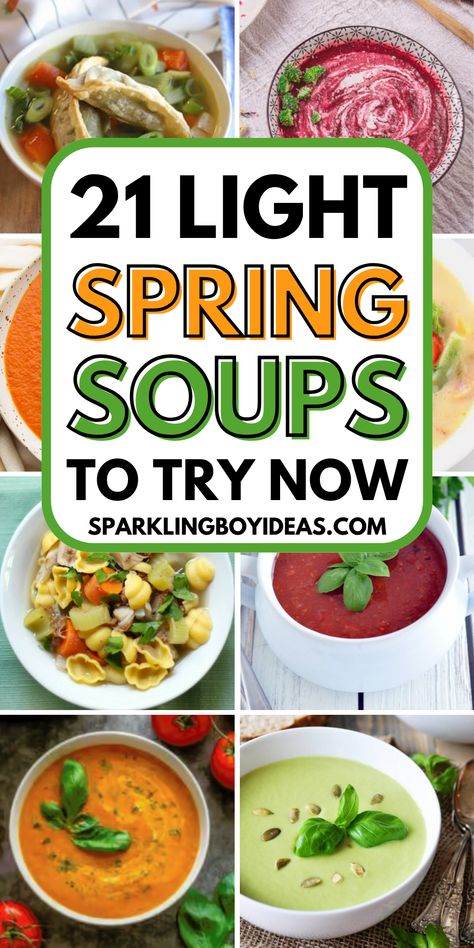 Indulge in the flavors of the season with our spring soup recipes! From light vegetable broths to creamy asparagus and vibrant pea and mint soups, we have light soup recipes for everyone. Discover easy, healthy easter soup recipes like detox soups and fresh herb-infused broths. Whether you're looking for vegan soup recipes or hearty chicken and lentil soups, our quick and simple cold soup recipes are ideal for any spring day. Try these low-calorie soups that celebrate the season's bounty. Spring Soups Healthy, Spring Time Soup, Spring Soup Ideas, Light Soups For Summer, Easy Light Soup Recipes, Spring Soups Recipes, Easter Soup Recipes, Spring Soup Recipes Healthy, Light Soups Healthy