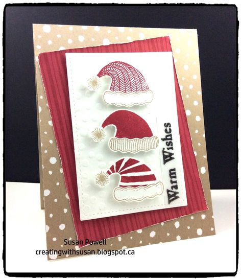 The challenge this week at  Merry Monday  is to make a card using something    warm. I have this adorable new stamp and punch combo from St... Stampin Up Cozy Critters, Santa Hat Christmas Card, Cozy Critters, Stampin Up Weihnachten, Merry Monday, Stamped Christmas Cards, Santa Cards, Stampin Up Christmas Cards, Santa Hats