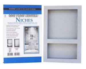 Goof proof Showers Double Shower Niche, Tin Shower, Hotel Style Bathroom, Niche Shelves, Wall Cubbies, Wall Shelf With Hooks, Stone Shower, Shower Installation, Shelving Solutions