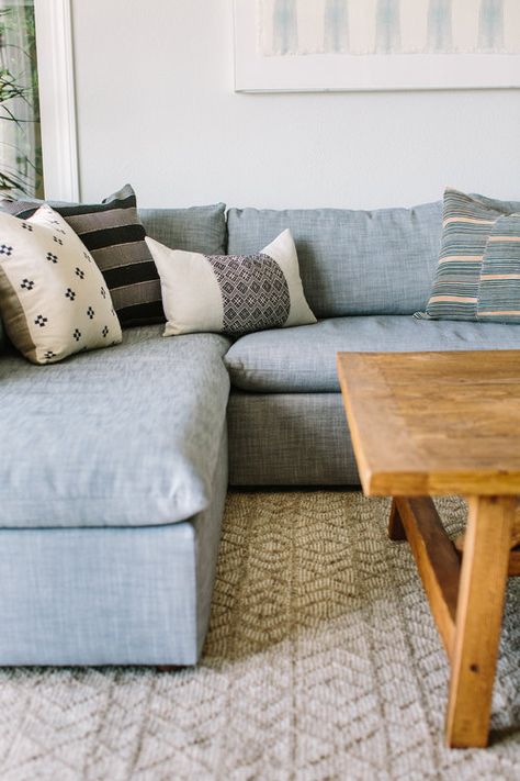 Light Blue Chambray Sectional + Woven Natural Fiber Rug | Rita Chan Interiors Light Blue Couch Living Room, Light Blue Sofa Living Room, Living Room Design Wood, Blue Paint Living Room, Light Blue Couches, Blue Curtains Living Room, Blue Living Room Sets, Blue Furniture Living Room, Light Blue Living Room