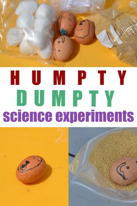 Collection of Humpty Dumpty Science Experiments for kids - design an egg drop experiment for a boiled egg Humpty Dumpty #HumptyDumpty #scienceforkids #scienceexperimentsforkids Egg Drop Experiment, Humpty Dumpty Activities, Egg Drop Project, Candy Science, Egg Experiments, Nursery Rhymes Preschool, Nursery Rhymes Activities, Science Experiments For Kids, Preschool Science Activities