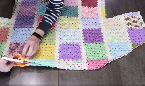 How To Add Fabric To Crochet Blanket, Adding Fabric To Crochet Blanket, Sweater Quilt How To Make A, How To Sew Fabric Onto Crochet Blanket, Repurpose Crochet Blankets, Upcycle Crochet Blanket, Crochet Blanket Sweater, Sweater Quilt, Crochet Blanket Diy