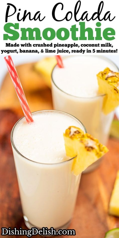 Pina Colada Smoothie made with tropical flavors like crushed pineapple and coconut milk blended with vanilla yogurt, banana, and lime juice, ready in under 5 minutes! Pineapple And Coconut Milk, Pineapple Coconut Smoothie, Vegetarian Side Dish Recipes, Green Monster Smoothie, Yogurt Banana, Pina Colada Smoothie, Pineapple And Coconut, Pumpkin Pie Smoothie, Breakfast Appetizers