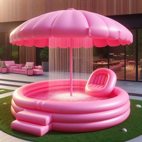 Backyard Water Parks, Pool Aesthetic, Pool Shade, Kids Backyard Playground, Pool Umbrellas, Bubble House, Pink Umbrella, Bouncy House, Bunk Bed Designs