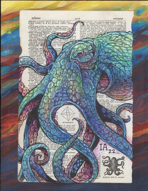 "Sunken Treasure" is a high quality giclée reproduction of an original mixed media illustration done directly on an actual vintage dictionary page. What exactly is the sunken treasure you ask? Order and find out! Kraken Art, Sunken Treasure, Octopus Drawing, Octopus Illustration, Sea Creatures Art, Media Illustration, Sea Life Art, Octopus Print, Mixed Media Illustration