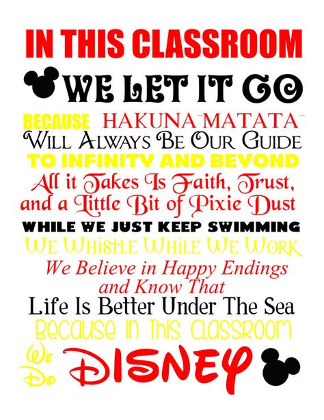 In This CLASSROOM ...... We Do Disney Print and then by FourWinks Disney Classroom Decor, Disney Classroom Door, Disney Classroom Theme, Classroom Door Decorations, Mickey Mouse Classroom, Disney Themed Classroom, Inspiration Poster, Disney Classroom, Disney Printables