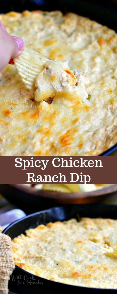 Collage photo top photo is dipping chip in Spicy Chicken Ranch dip that is on a cast iron skillet and bottom photo is spicy chicken dip in cast iron skillet Chicken Ranch Dip Recipe, Chicken Ranch Dip, Pepperoni Dip, Ranch Dip Recipe, Spicy Ranch, Chips Dip, Spicy Dip, Ranch Mix, Chicken Ranch