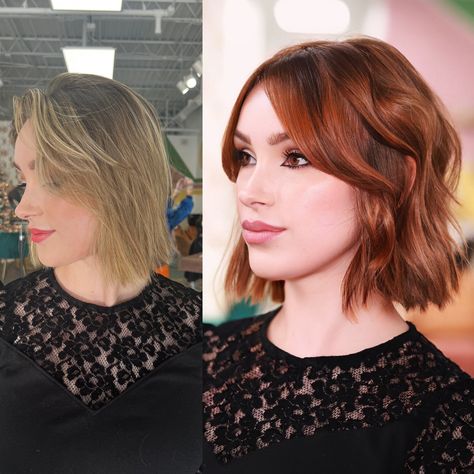 Copper bob with curtain bangs Short Copper Hair With Curtain Bangs, Copper Hair Bob With Bangs, Auburn Bob With Bangs, Copper Bob With Bangs, Copper Red Hair Color Short Wavy Bobs, Copper Bob Hair, Haircuts With Curtain Bangs, Bluntcut Bob Copper, Copper Bob