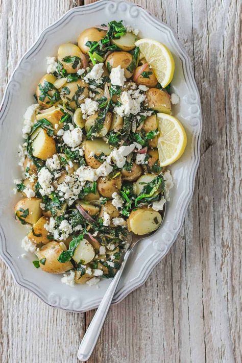 Baby Potato Salad Without Mayo Baby Potato Salad, Salad Dressing Recipes Vinaigrette, Warm Potato Salad, Potato Salad Recipes, Salad With Spinach, Baby Potato, Warm Potato Salads, Greek Dinners, Spinach Feta