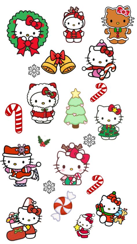 Christmas Collages, Christmas Stickers Printable, Christmas Face Painting, Christmas Ornament Template, Images Hello Kitty, Preppy Stickers, Kitty Christmas, Kawaii Christmas, Kitty Drawing