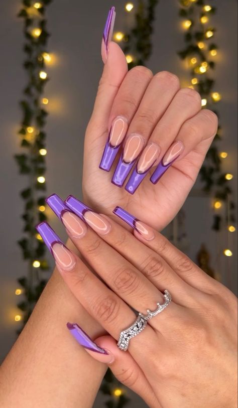 Tan And Purple Nails, Dark Purple French Nails, Two Tone French Tip Nails, Purple French Tip Nails Acrylic, Purple French Nails, Purple French Tip Nails, Feb Nails, Purple French Tip, Long French Tip Nails