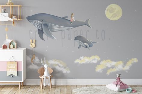 Kid's room wallpaper, Girl Flying On Whales Wallpaper. We can be customized to your room sizes and placed according to room furniture Approved by the child psychologist working with us Designed by Nihan Minareci-Craft Paper Co. We are on ETSY now, CraftPaperCoShop Nursery Room Wallpaper, Wallpaper Baby Room, Baby Room Wallpaper, Wallpaper Kids Room, Whale Watercolor, Kindergarten Wallpaper, Whale Nursery, Wallpaper Nursery, Wallpaper Kids