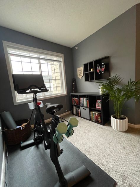 Peleton In Bedroom, Peloton Home Gym, Gym At Home Ideas, Peloton Room Ideas, Peloton Room, Home Gym/office, Home Office/gym, Home Gym Storage, Small Home Gym