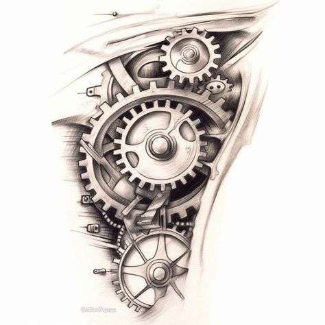 Gears Tattoo Design, Gear Tattoo Mechanical, Clock Gears Tattoo Design, Car Engine Tattoo, Gears Tattoo, Mechanical Tattoo Design, Gear Tattoo Design, Sundial Tattoo, Human Heart Art