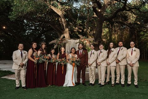 Maroon Suit Wedding Party, Burgundy Groom Suit Wedding Inspiration, Maroon And Brown Wedding, Tan And Red Wedding, Groomsmen Burgundy Attire, Maroon Groomsmen Attire, Maroon Wedding Party, Maroon Groomsmen, Burgundy Champagne Wedding