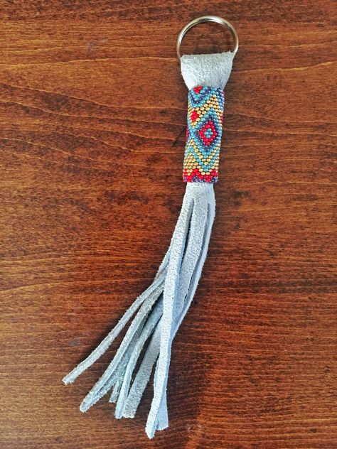 Beaded leather fringe keychain Fringe Keychain, Beaded Fringe, Bead Leather, Leather Fringe, Key Chains, Bead Weaving, Tassel Necklace, Embroidered Friendship Bracelet, Diy Jewelry