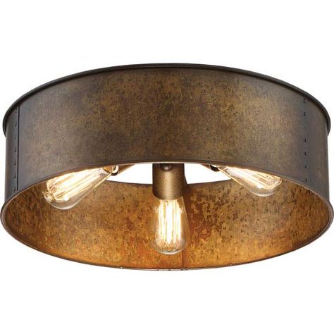 251 First River Station Weathered Brass Three Light Industrial Drum Flush Mount | Bellacor Vintage Lights, Plug In Pendant Light, Metal Drum, Flush Mount Lights, Semi Flush Lighting, Antique Metal, Vintage Lamps, Flush Mount Lighting, Dining Space