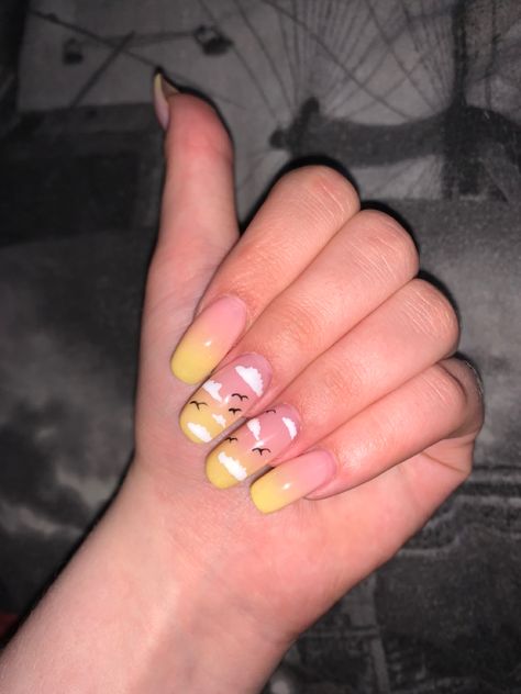 Sun sunset sunrise clouds brids yellow nude ombre square coffin nails Sunrise Nails, Clouds Nails, Cloud Nails, Sunrise Clouds, Sunset Nails, Ombre Nail Designs, Pretty Nail Art Designs, Pretty Nail Art, Fire Nails