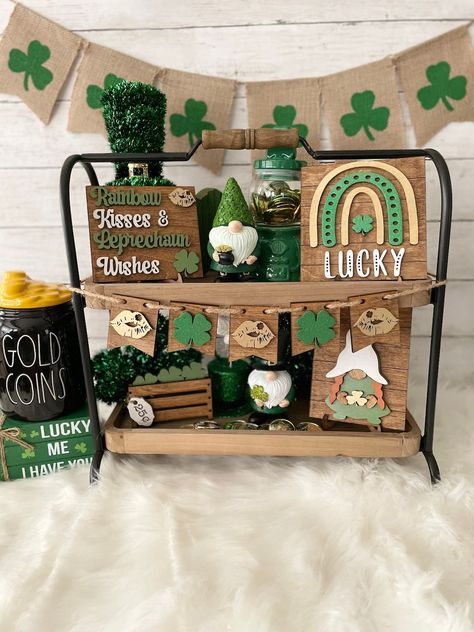 Saint Patrick's Day Tier Tray Decor St Patrick's Day - Etsy St Patrick Tiered Tray Decor, Decorations For Shelves, Hobby Lobby Shelves, March Decor, Diy Tray Decor, St Patricks Decorations, Green Farmhouse, St Patricks Crafts, San Patrick