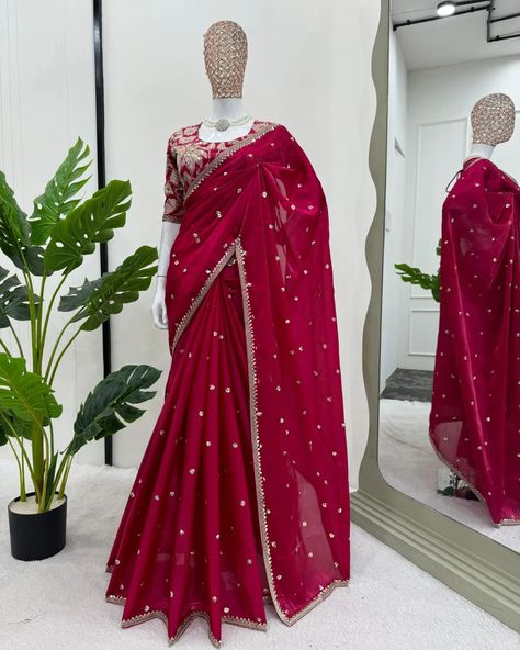 On Sale Rs.1649/- Free Shipping Looking some one for this same colour beautiful Designer Saree on Jimmy chu Febric with Thred & Sequnce work and Blouse on Mono Benglori Febric With Thred & Sequnce work. *Saree* Fabric :-Jimmy Chu Work :-Thred & Sequnce work Weight :-0.800 Grm *Blouse* Fabric :-Mono Beglori Work :-Thred & Sequnce work Cut :-1 Mtr (Un-Stitched) Code:GF13468987212009 Saree For Reception, Indian Party Wear Saree, Cutwork Saree, Red Sari, Pengantin India, Walima Dress, Wedding Saree Blouse, Newly Wed, Indian Party