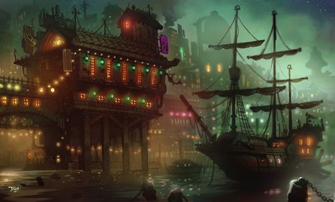 Belgarde port city - World of Twilight Monk art book Trent Kaniuga, Leagues Under The Sea, Port City, Environment Art, Boy Fishing, Fantasy Collection, Fantasy Places, Fantasy Setting, Fantasy Concept Art