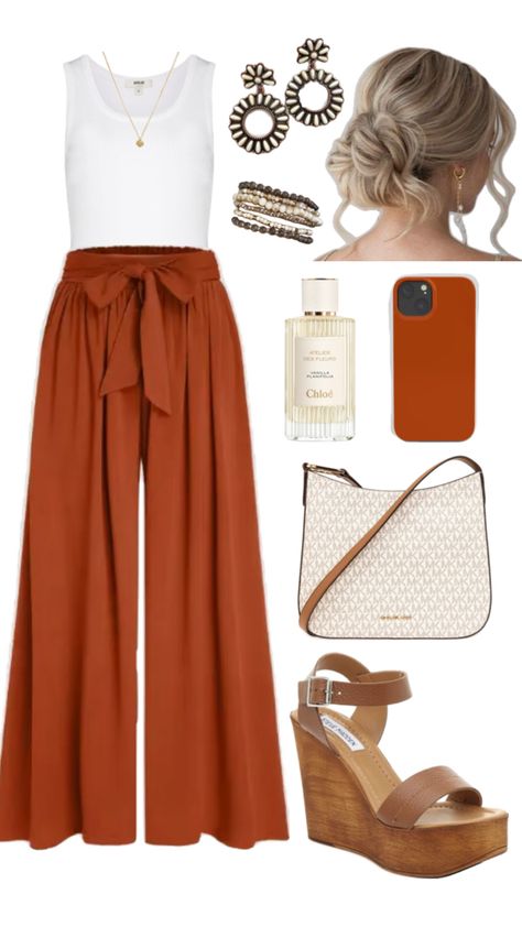 Dark orange boho flare wide leg pants, white tank, western earrings, brown wedges, Michael kors crossbody bag, updo hairstyle Fall Wedges Outfit, Wedges Outfit Fall, Summer Fall Transition Outfit, Brown Wedges Outfit, Orange Pants Outfit, Summer Fall Transition, Fall Wedges, Wide Leg Pants White, Wedges Outfit